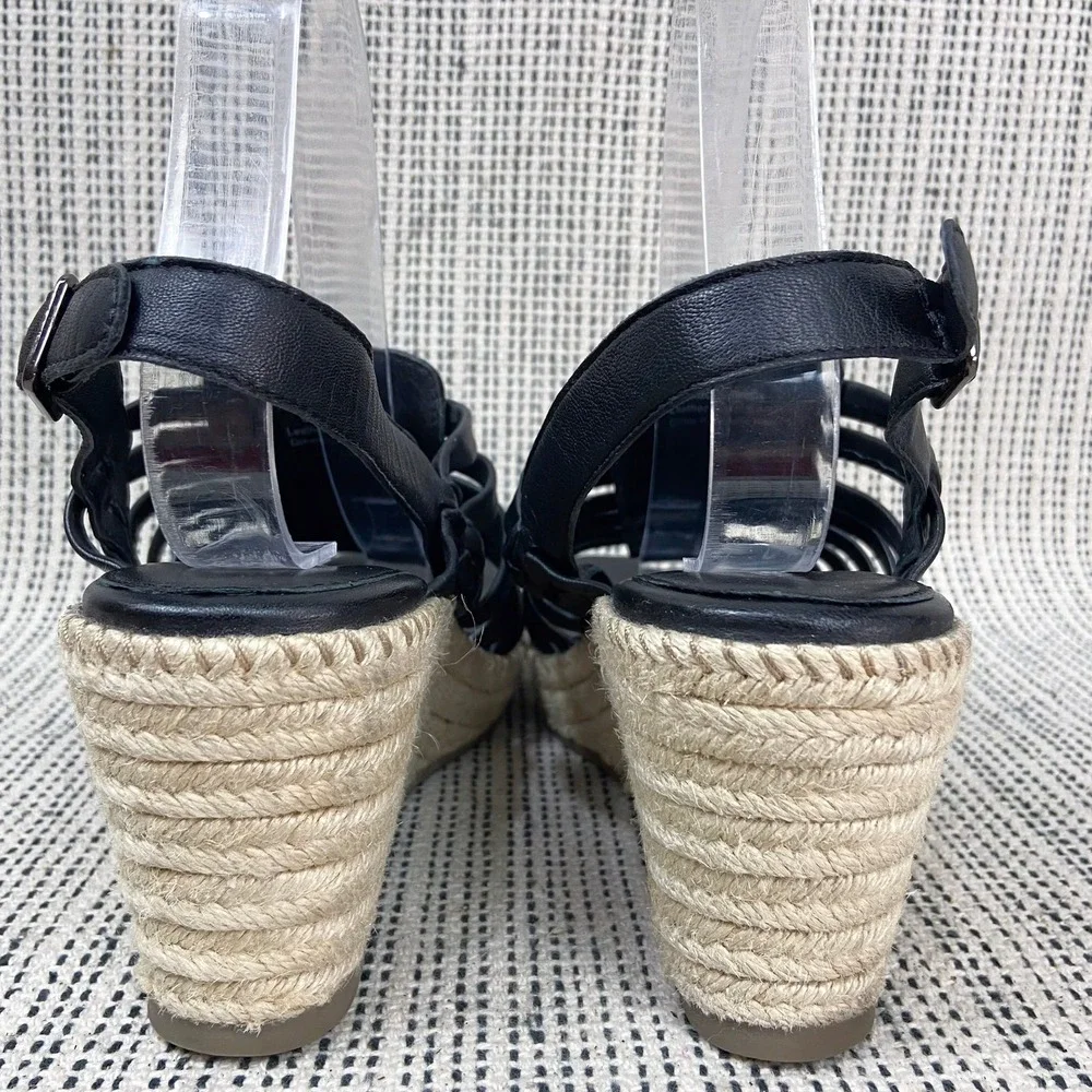 SoftWalk Espadrille Sandals Sz 10.5 Wide Black Leather‎ Coastal Resort Summer